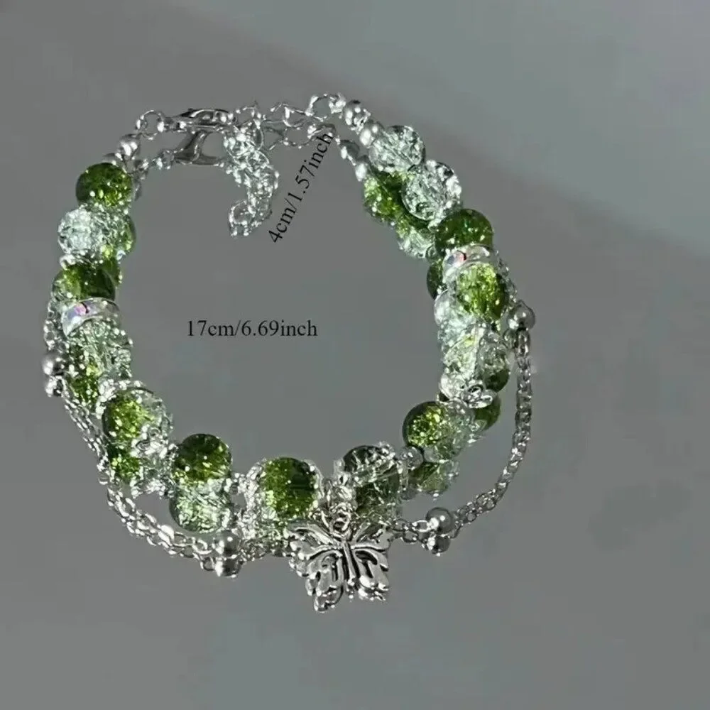 Elegant Green Woman's Glass Bead Bracelet with Butterfly Pendant Fashion Jewelry